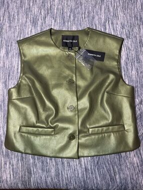 Kenneth Cole Olive Green Faux Leather Button-Front Vest